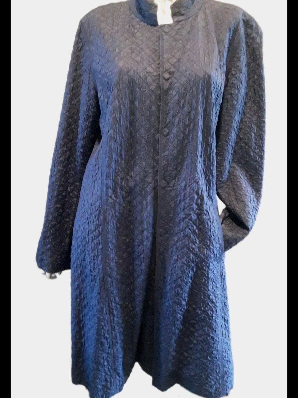 Eileen Fisher Tussah Silk Indigo Sz L Quilted Diamond Pattern Duster Pockets Lux
